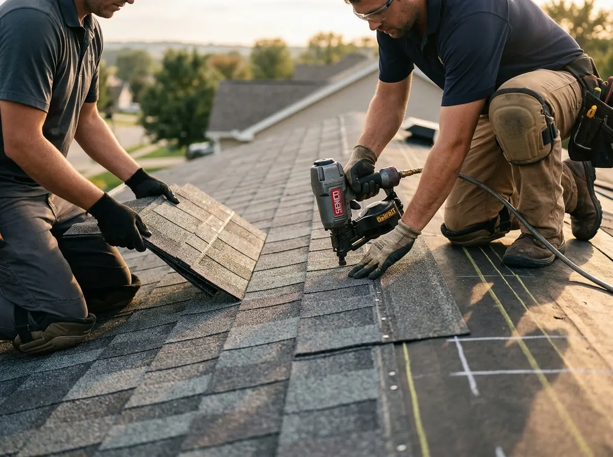 Professional roofer working on a residential roof in Harrietstown